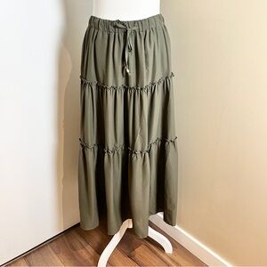 Boho Olive Green Tiered Maxi Skirt Drawstring Waist Fits S–L Gypsy Resort Style